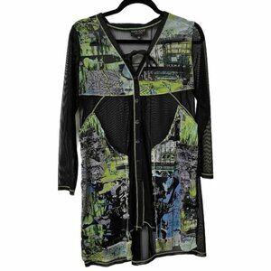 Designs by S.A.D. Sheer Abstract Lagenlook Hippie Tunic Button Down Mesh Shirt